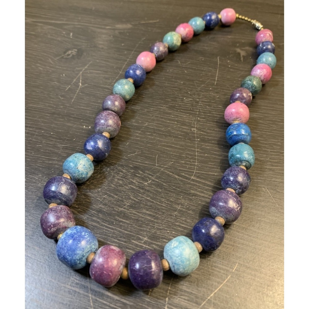 Vintage‎ Multi Color Rustic Stone Bead Necklace Natural Gemstone Chunky Boho 21"